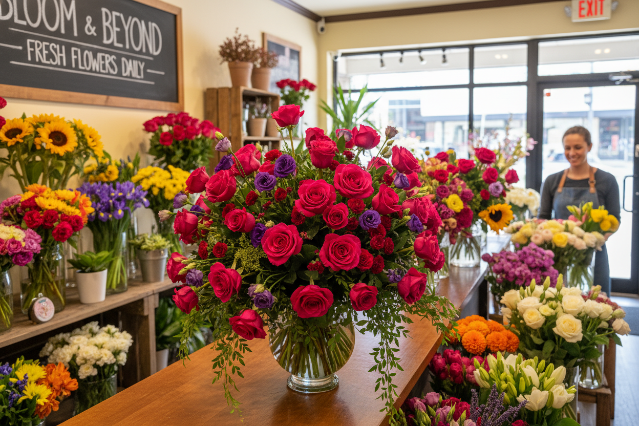 arreglo de rosas color fucsia dentro de una floreria llena de ramos de muchos colores